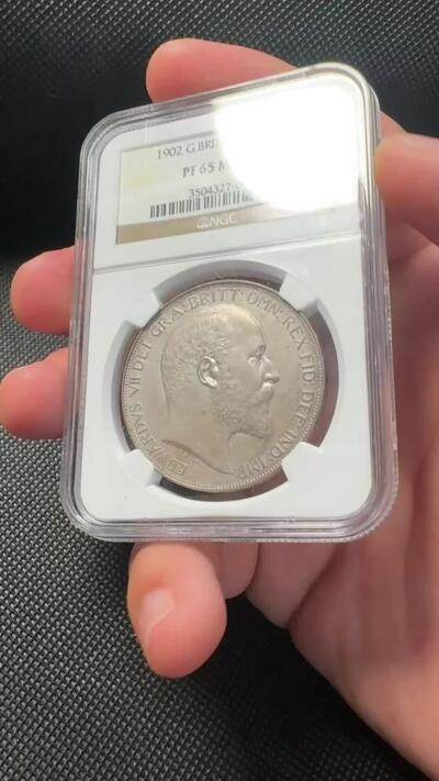甄臻铺-世界币章拍卖（第38期）立冬小精品场，送拍享返佣金等优惠多多 NGC-PF65MATTE 1902年英国爱德华七世马剑1克朗大银币 精制MATTE 完美原盒状态 爱七克朗达到65的难度和64相比堪称两个世界