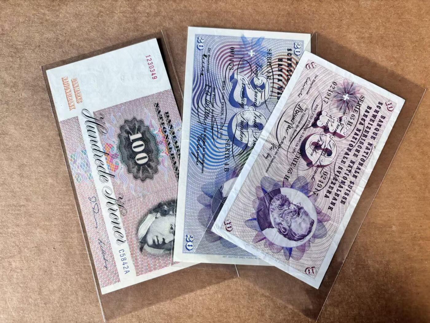 【Blue Auction】世界纸币精拍第748期——18级TOP拍卖/信誉/品质/专业/高效💫 【一组3张】瑞士10-20法郎&丹麦100克朗 品相如图