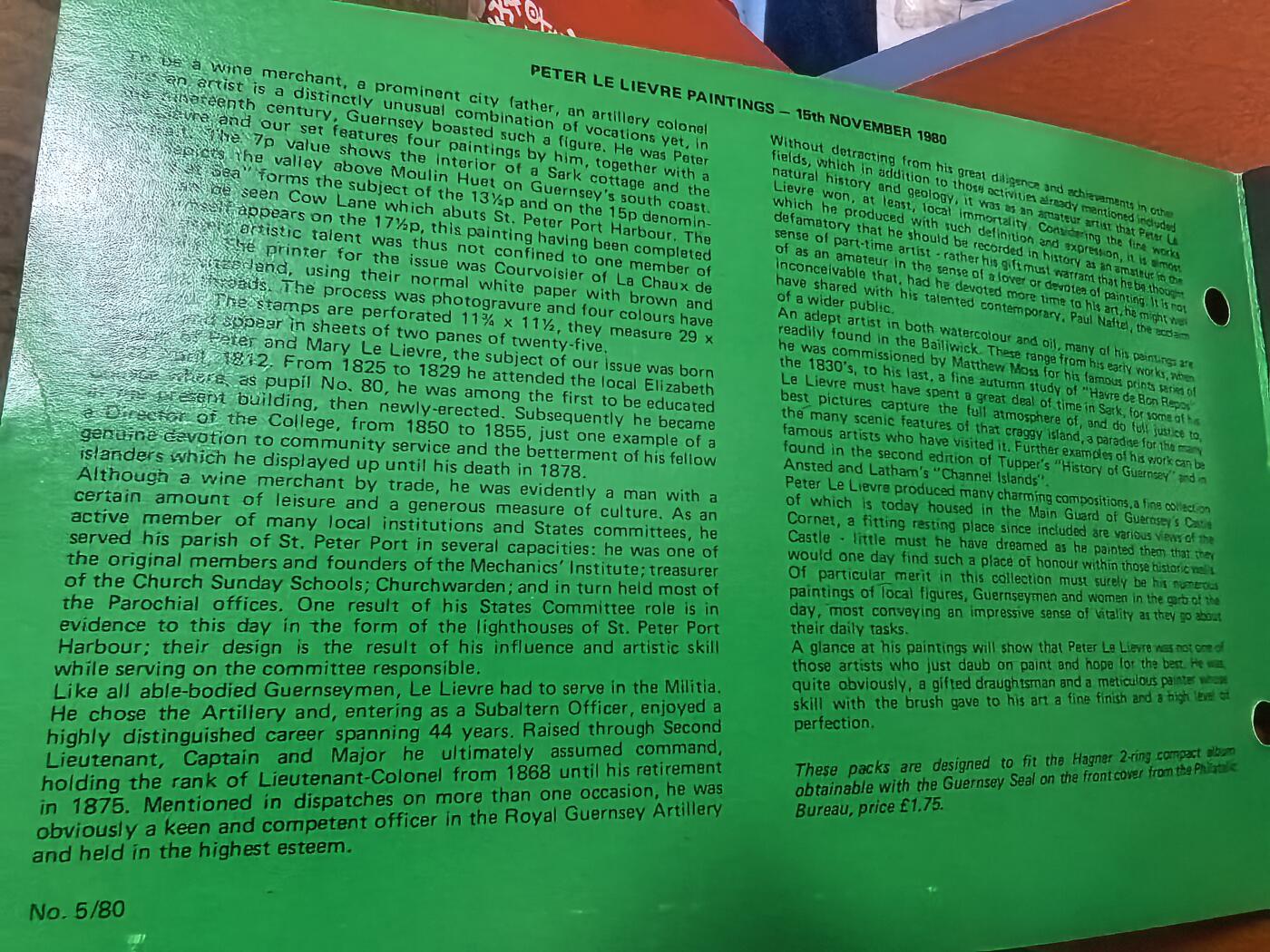 长老汇蛇年精选第七十一场拍卖 1980根西彼得·勒佛尔绘画邮票5枚套，卡册，面值1.75镑