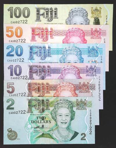 世界靓号纸钞第七十七期 - 2007年斐济5-100元全同号 首发CA冠 全套都是2722号 全新UNC 带原装册子