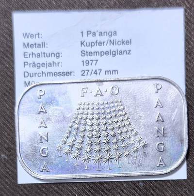 北京马甸外国币专卖第145期，外国币专场，陆续上拍，欢迎关注 1977年汤加王国1潘加普制铜镍纪念币饼干币 联合国FAO