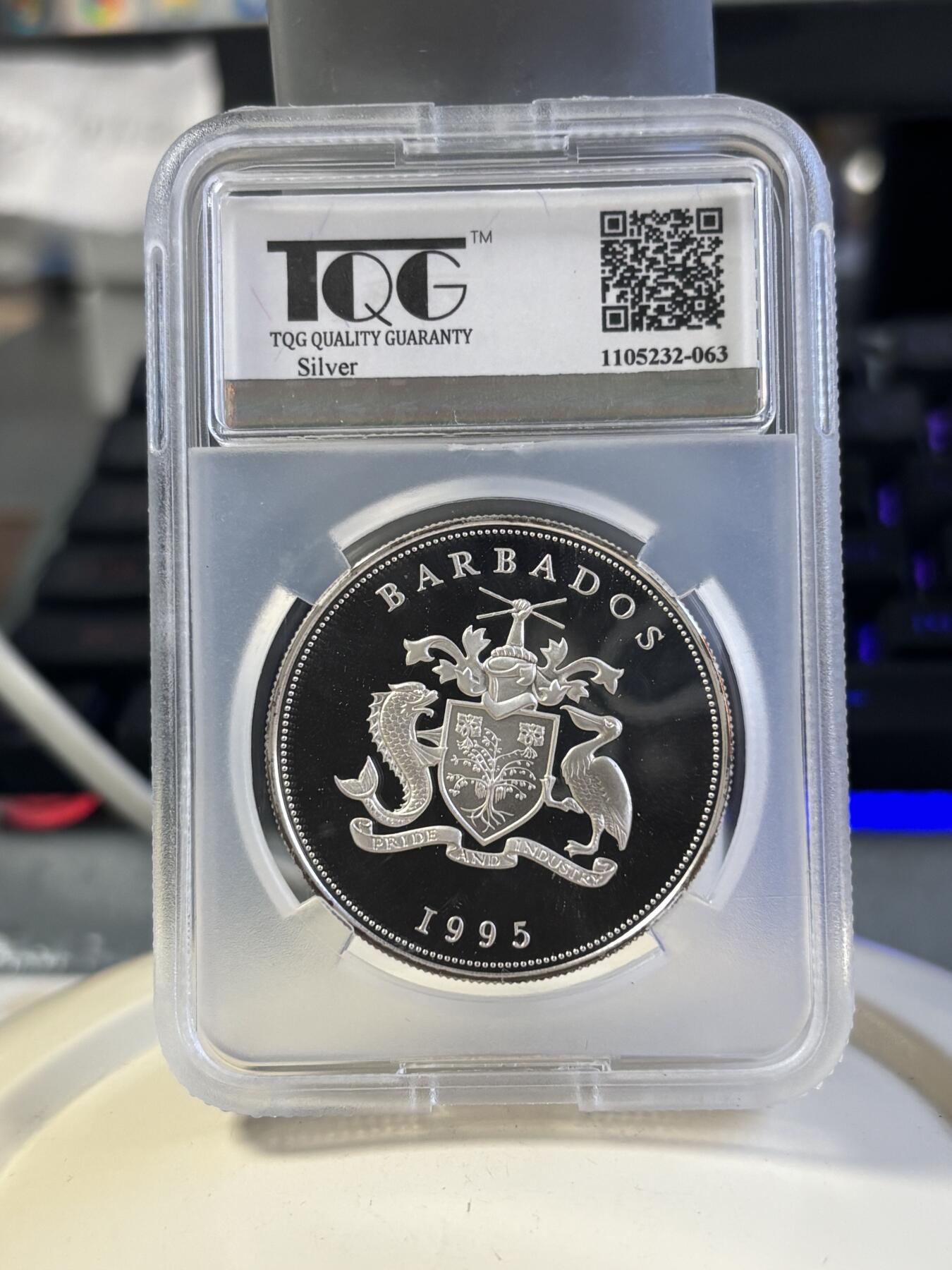 第181期拍卖 巴巴多斯1995年纪念欧洲首次移民美洲370周年银币TQC-PF69，925银，28.33克