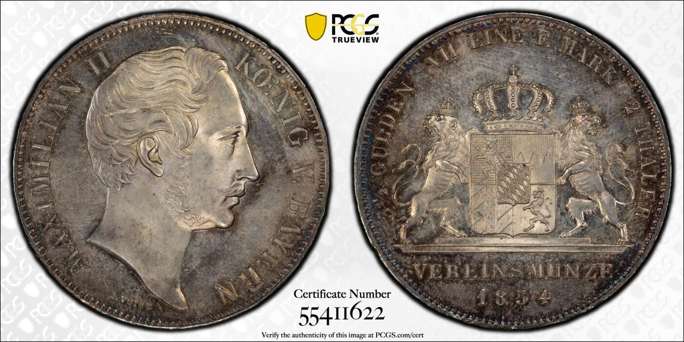 万国钱币拍卖第054期 PCGS MS63 1854年德国巴伐利亚马克西米利安二世双狮纹章2泰勒 PC错标为水晶宫 绚丽环彩包浆 流通2t中难得一见的品质 一步到位典藏级