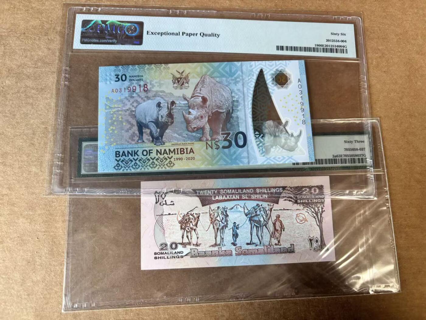 【Blue Auction】世界纸币精拍第748期——18级TOP拍卖/信誉/品质/专业/高效💫 【一组2张 含AA冠/A冠 无47】纳米比亚 2020年30元&索马里兰 1994年20先令 PMG66EPQ-63EPQ 