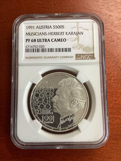 长老汇蛇年精选第七十一场拍卖 -  1991奥地利音乐家系列之卡拉扬500先令精制银币，NGC PF68UC，唯二冠军