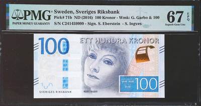 世界靓号纸钞第七十七期 - 2016年瑞典100克朗 狮子号9999 PMG67 高分 经典嘉宝