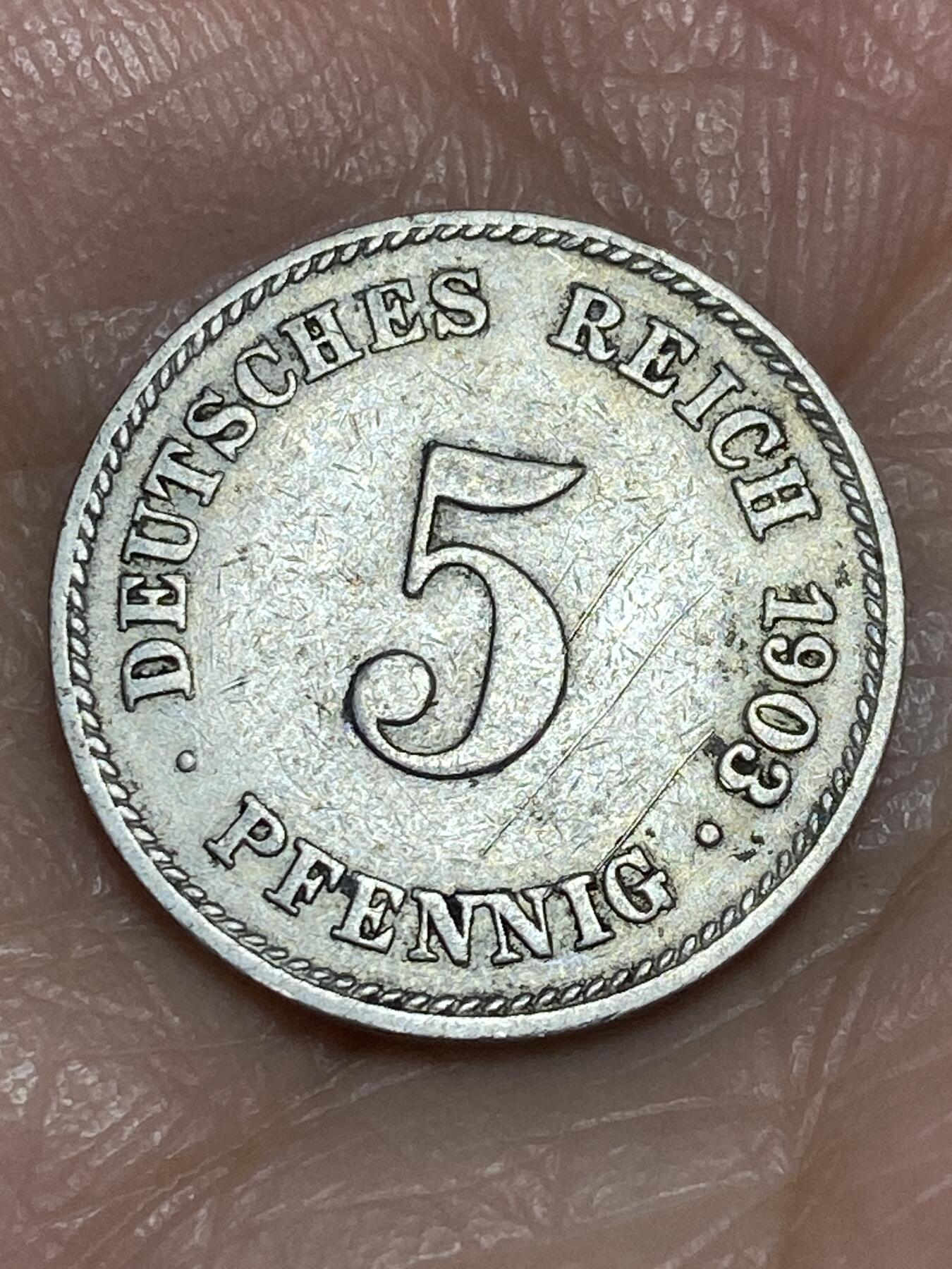 2025年第一百二十五场(总第一百五十一场）外国好品散币(免佣金) 稀少年份厂标–德意志帝国1903年5芬尼(威廉二世时期，J标汉堡造)
