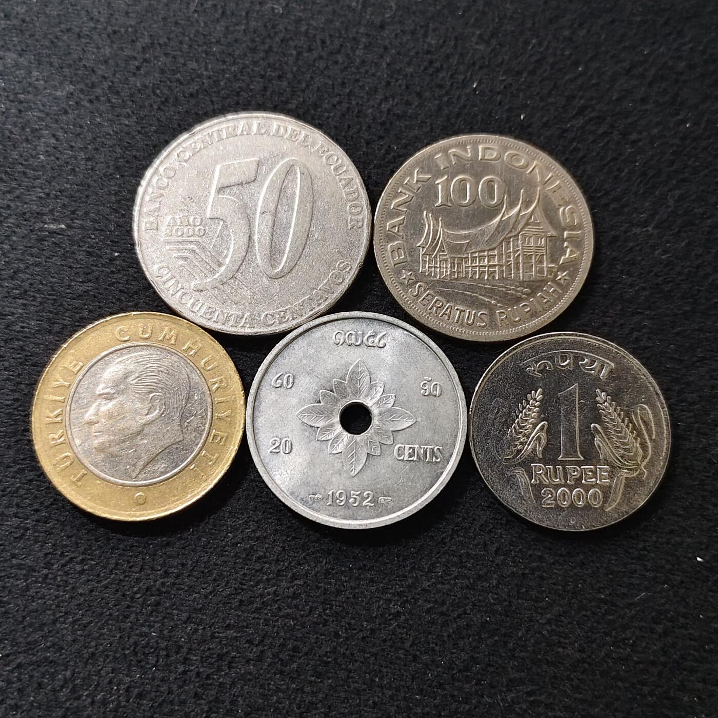 【全场包邮】纯粹捡漏拍476场（免费代拍第13场）调整中 世界各国各年份散币5枚一组-厄瓜多尔+印尼+印度+老挝+土耳其