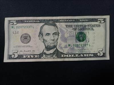 【游宝拍卖】乙巳蛇年86期  - 美国-5美元【SERIES-2013 J12旧金山版 流通好品VF】