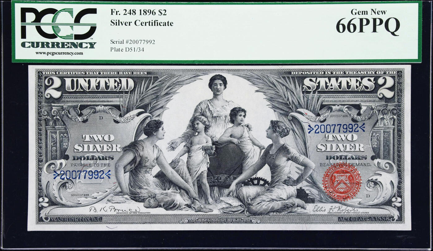 【Blue Auction】世界纸币精拍第748期——18级TOP拍卖/信誉/品质/专业/高效💫   美国 1896年2美元教育券 PCGS66EPQ 高分 大票副 票面白净油墨凹凸感极佳 新古典主义艺术风格 极具艺术价值（画面中女神手持电灯与蒸汽机模型，向青少年传授知识，象征技术进步，背景为齿轮、书籍等元素，呼应19世纪末美国工业革命浪潮；背面人物为第一艘蒸汽机作动力的轮船制造者罗伯特·富尔顿&摩尔斯电码发明者塞缪尔·莫尔斯 大胡子雕刻极致非常耐看）凑套必备