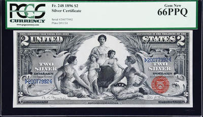 【Blue Auction】世界纸币精拍第748期——18级TOP拍卖/信誉/品质/专业/高效💫 -   美国 1896年2美元教育券 PCGS66EPQ 高分 大票副 票面白净油墨凹凸感极佳 新古典主义艺术风格 极具艺术价值（画面中女神手持电灯与蒸汽机模型，向青少年传授知识，象征技术进步，背景为齿轮、书籍等元素，呼应19世纪末美国工业革命浪潮；背面人物为第一艘蒸汽机作动力的轮船制造者罗伯特·富尔顿&摩尔斯电码发明者塞缪尔·莫尔斯 大胡子雕刻极致非常耐看）凑套必备