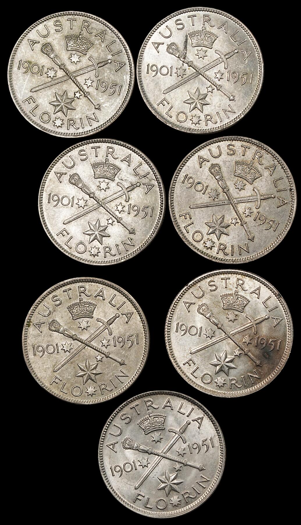 修遠堂世界钱币第九十二期 1951年澳大利亚联邦50周年纪念1弗罗林银币7枚  总重79.31g，含银50%  未流通品62-64状态