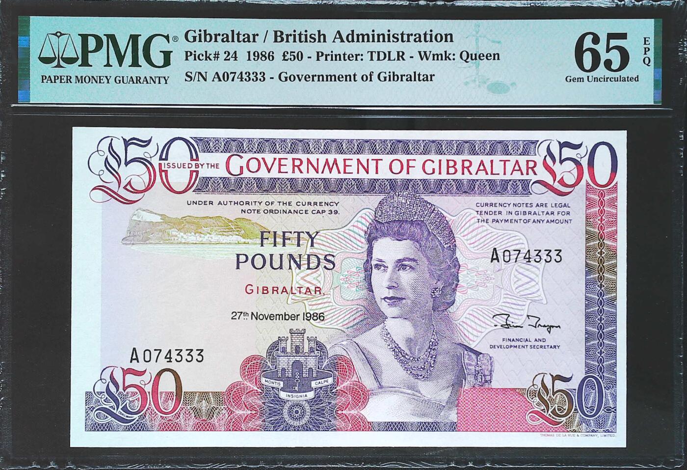 世界靓号纸钞第七十七期 1986年直布罗陀50镑 首发A冠 豹子号333 PMG65
