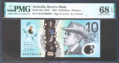 世界靓号纸钞第七十七期 - 2017年澳大利亚10元 靓号 狮子号8888 PMG68 超高分