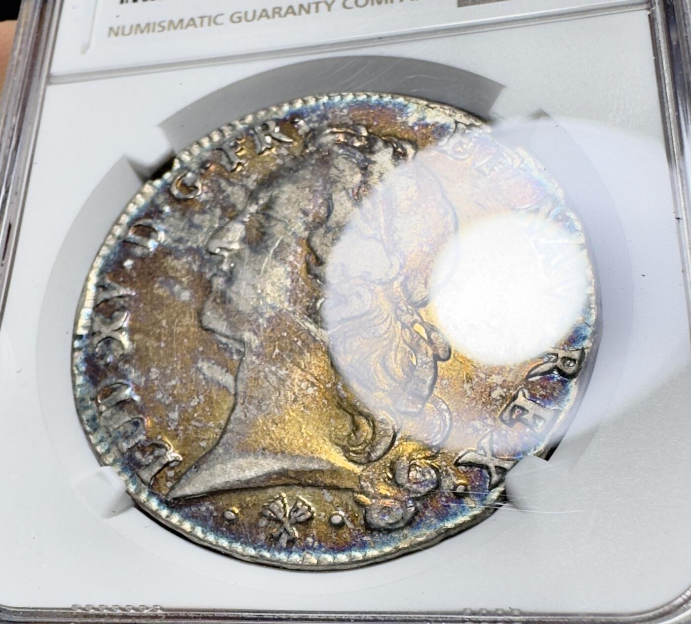 甄臻铺-世界币章拍卖（第38期）立冬小精品场，送拍享返佣金等优惠多多 NGC-XFD 法国1765年路易十五青年版埃居银币 炫彩包浆 30g的大尺寸银币