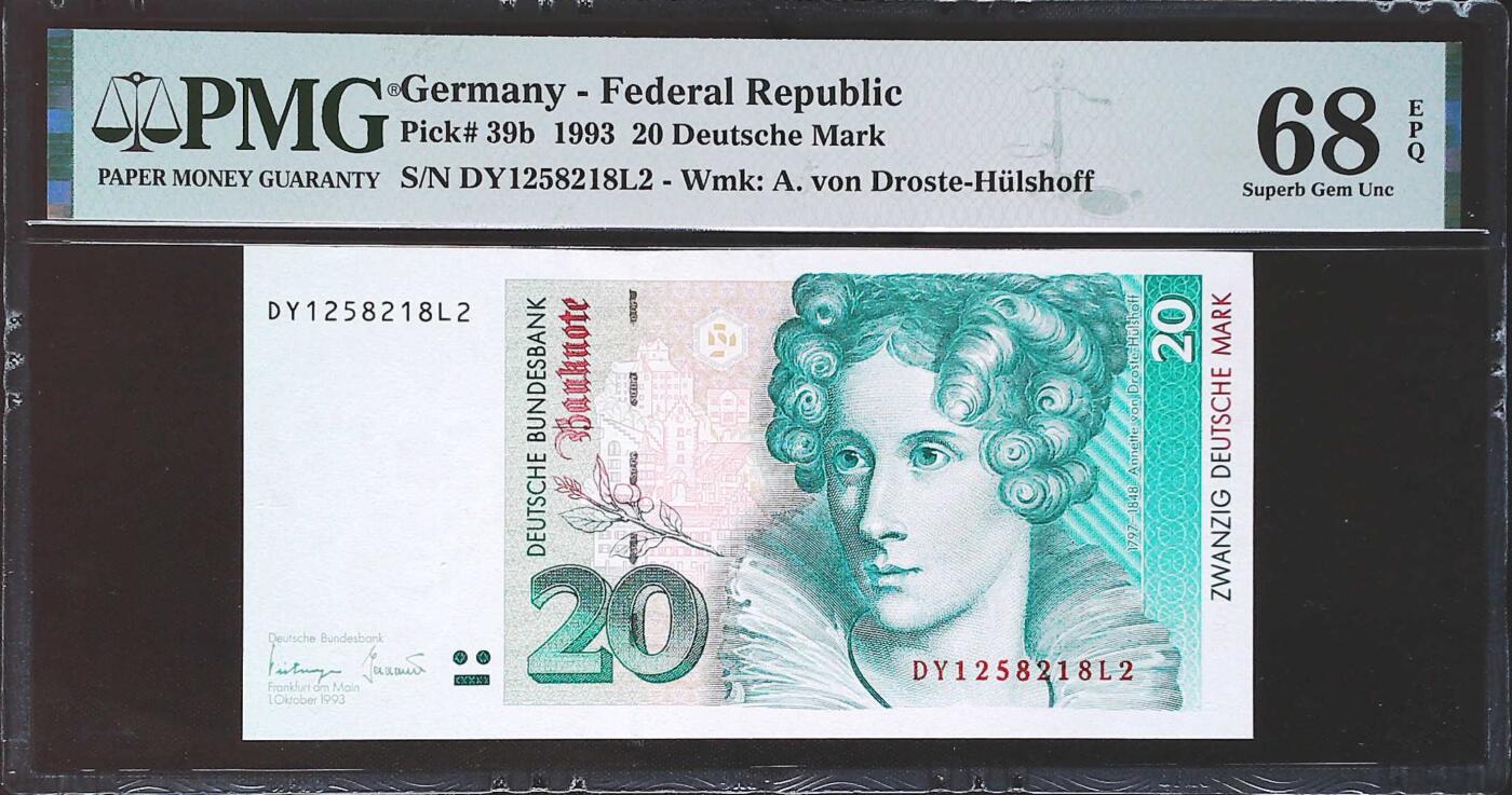 世界靓号纸钞第七十七期 1993年德国20马克 末版 全程无3457尾8 PMG68 超高分