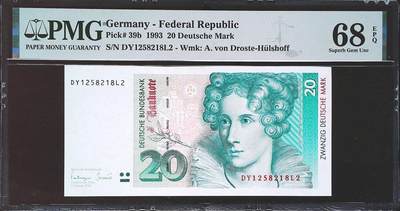 世界靓号纸钞第七十七期 - 1993年德国20马克 末版 全程无3457尾8 PMG68 超高分
