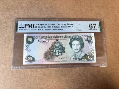【Blue Auction】世界纸币精拍第748期——18级TOP拍卖/信誉/品质/专业/高效💫 - 【B/1首发冠百位小号】开曼群岛 1991年5元 女王 PMG67EPQ 