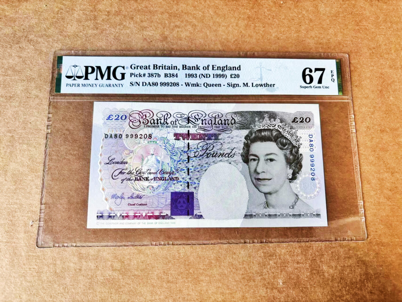 【Blue Auction】世界纸币精拍第748期——18级TOP拍卖/信誉/品质/专业/高效💫 【DA80末冠少见 无47】英国 1999年20镑 PMG67EPQ 高分 