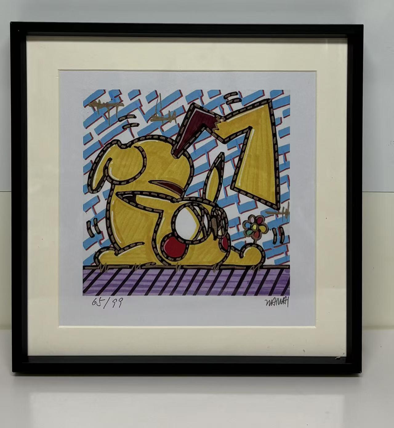 零元拍：歪歪亲笔签名 OWSON 系列作品装饰画《皮卡丘》，已做装裱 合金相框尺寸25/25CM。因展品出展，镜框或亚克力可能有轻微划痕，介意勿拍