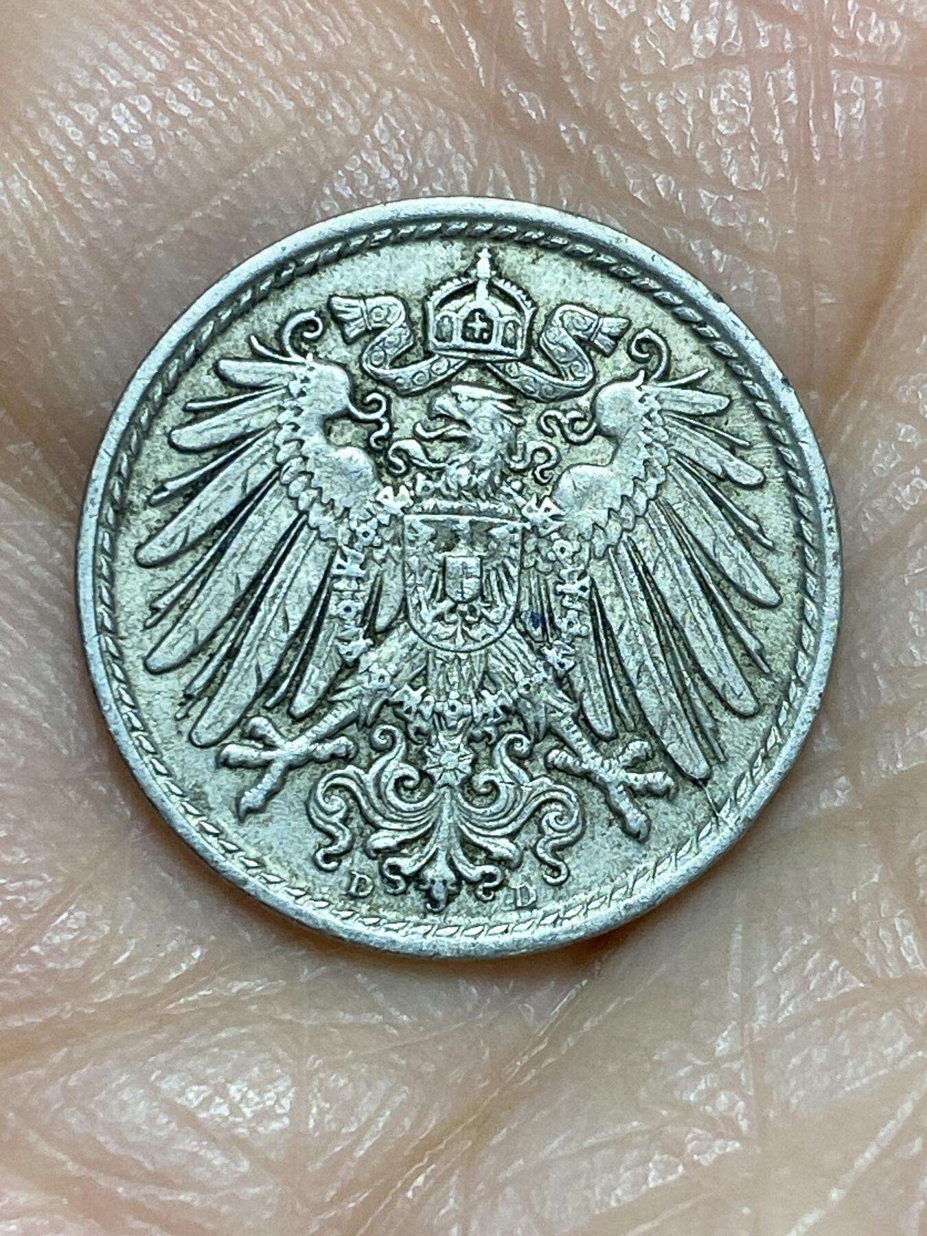 2025年第一百二十五场(总第一百五十一场）外国好品散币(免佣金) 德意志帝国1904年5芬尼(威廉二世时期，D标慕尼黑造)