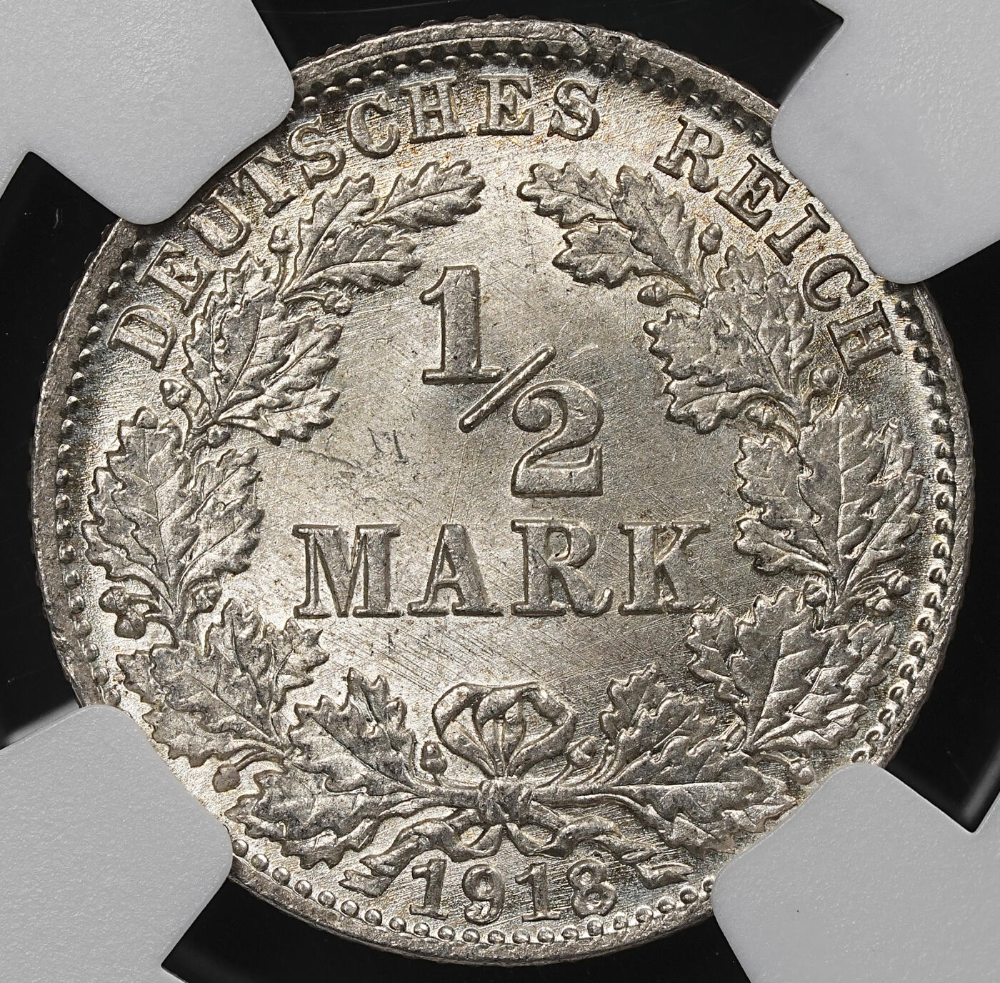 修遠堂世界钱币第九十二期 NGC MS65 1918年德国1/2马克银币 D厂铭