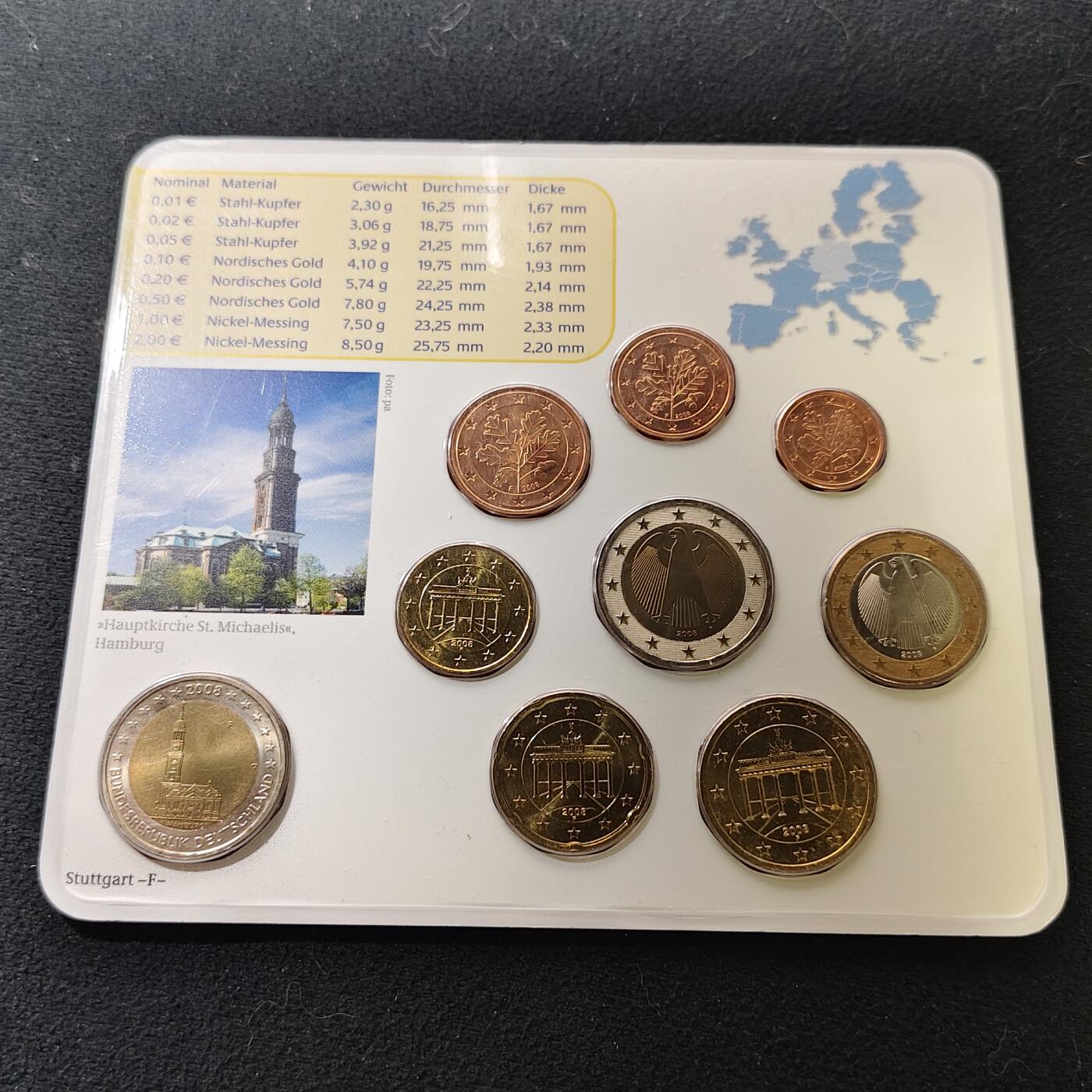 【全场包邮】纯粹捡漏拍477场（免费代拍第14场）调整中 德国2008年F厂官方卡装套币-含汉堡联邦州圣米迦勒斯教堂双色纪念币