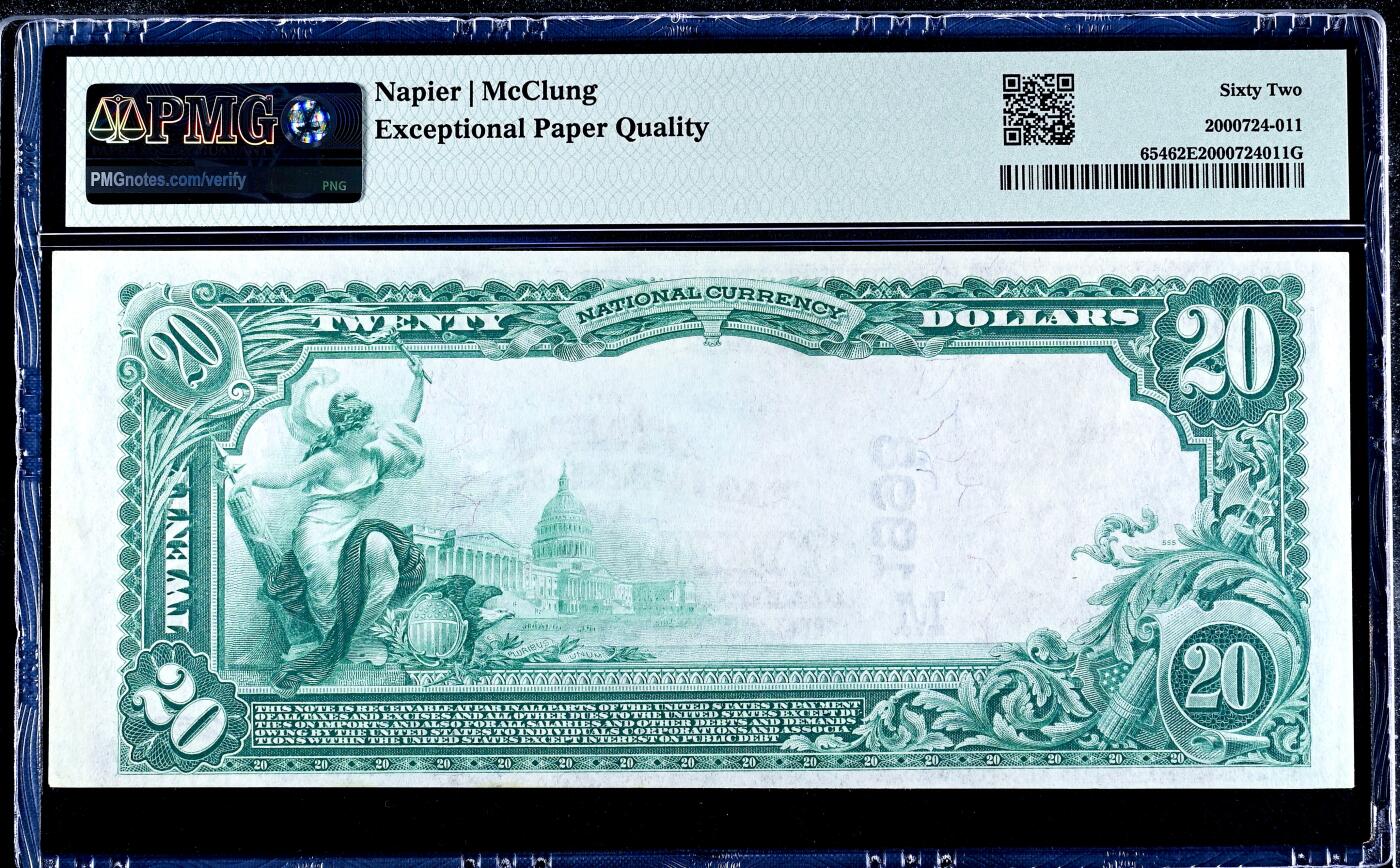 【Blue Auction】世界纸币精拍第748期——18级TOP拍卖/信誉/品质/专业/高效💫  【无47】美国 威斯康辛州 1902年20美金 PMG62EPQ 全新原票 大票幅 正面人物为前财政部长休-麦卡洛克 背面美国财政部和国会大厦 半裸的女神 雄鹰 雕刻精美 凑套必备
