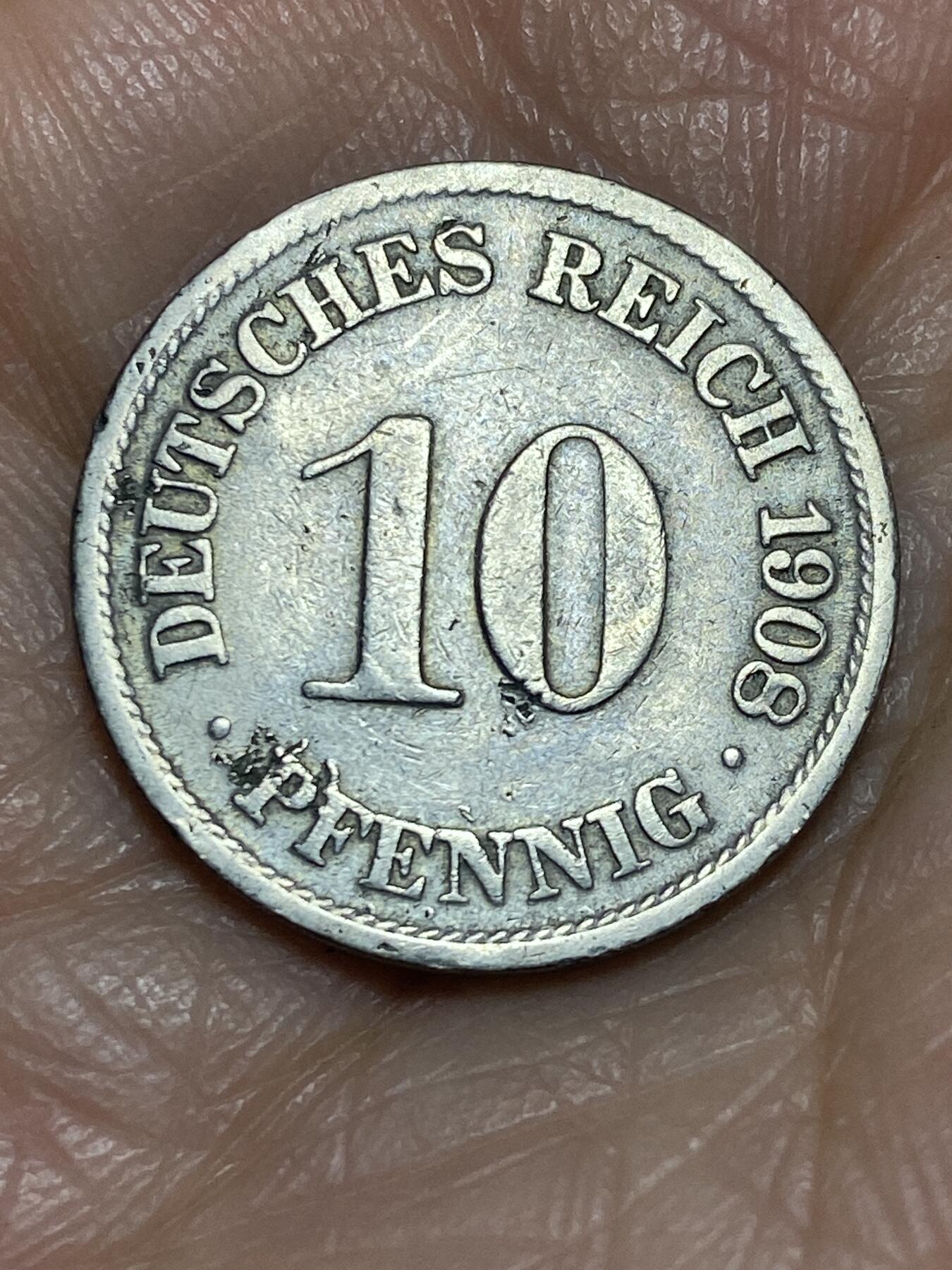 2025年第一百二十五场(总第一百五十一场）外国好品散币(免佣金) 德意志帝国1908年10芬尼(威廉二世时期，F标斯图加特造)