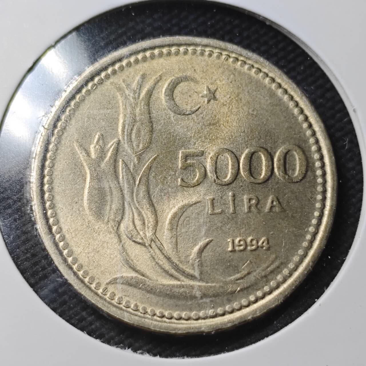 KK钱币收藏小铺  第366场  2月预留时间 周末发货  1994土耳其5000里拉 好品