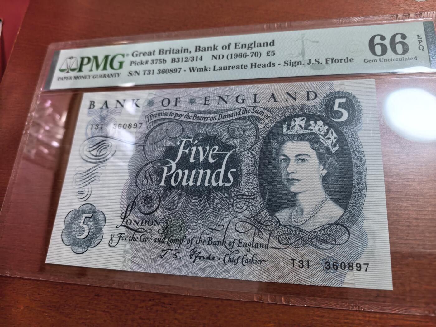 长老汇蛇年精选第七十一场拍卖 1966-70英国5英镑纸币，PMG 66
