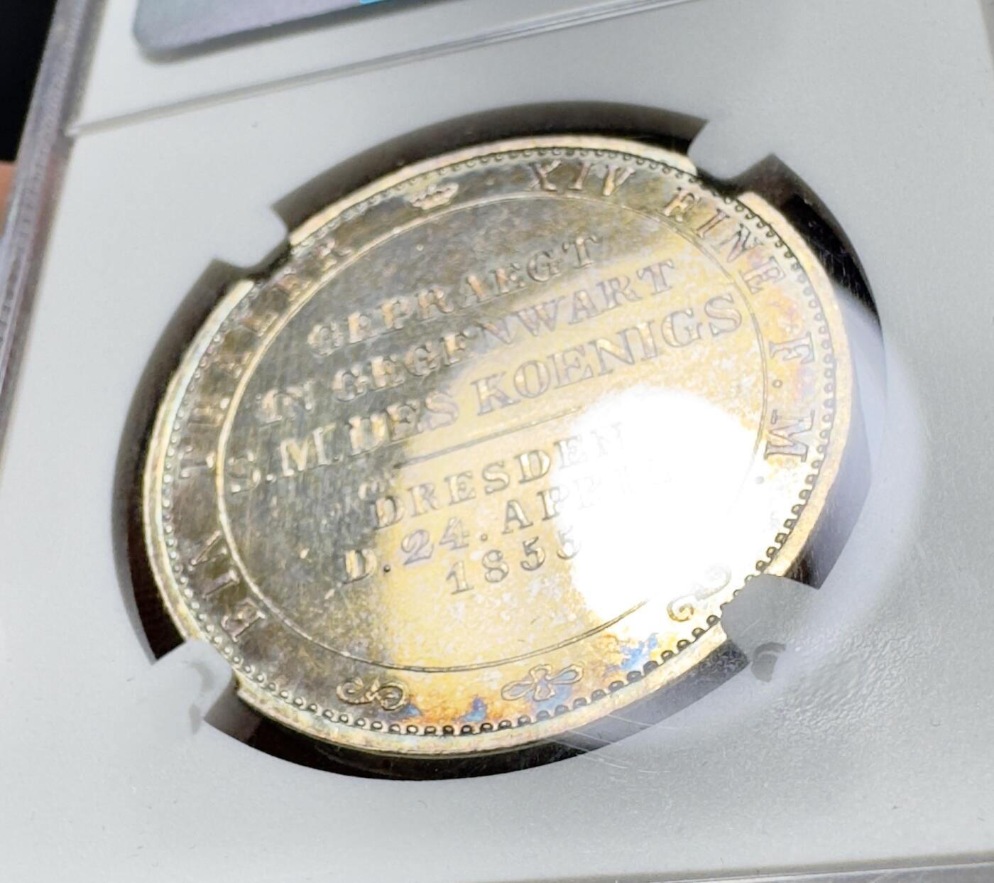 甄臻铺-世界币章拍卖（第38期）立冬小精品场，送拍享返佣金等优惠多多 NGC-UNCD 1855年德国萨克森约翰国王访问造币厂纪念泰勒 少见品种 pl质感 金彩包浆