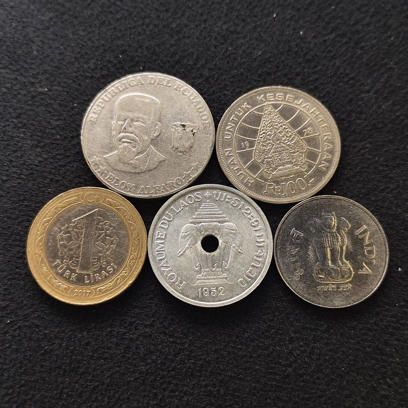 【全场包邮】纯粹捡漏拍476场（免费代拍第13场）调整中 世界各国各年份散币5枚一组-厄瓜多尔+印尼+印度+老挝+土耳其