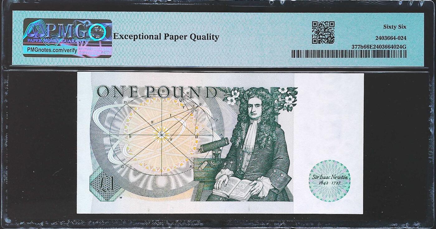 世界靓号纸钞第七十七期 1981-84年英国英格兰银行1镑 全程无347 前520爱情号 后888豹子号 PMG66 号码非常舒服的一张女王钞