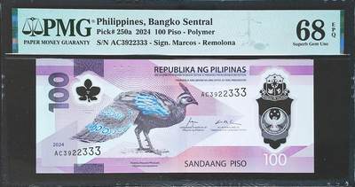 世界靓号纸钞第七十七期 - 2024年菲律宾100比索 全程无47 豹子号333 PMG68 超高分