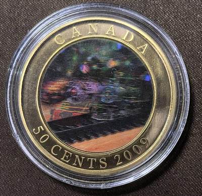 北京马甸外国币专卖第145期，外国币专场，陆续上拍，欢迎关注 圣诞节系列-玩具火车 加拿大2009年50分纪念币 幻彩铜镍硬币35mm
