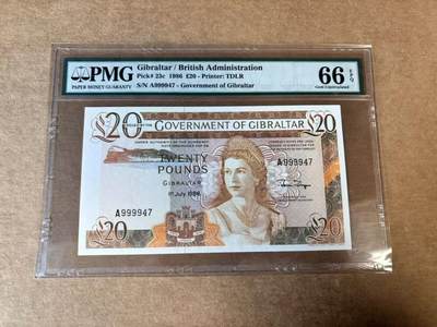 【Blue Auction】世界纸币精拍第748期——18级TOP拍卖/信誉/品质/专业/高效💫 - 【少见筋票】直布罗陀 1986年20镑 高冠女王  PMG66EPQ 