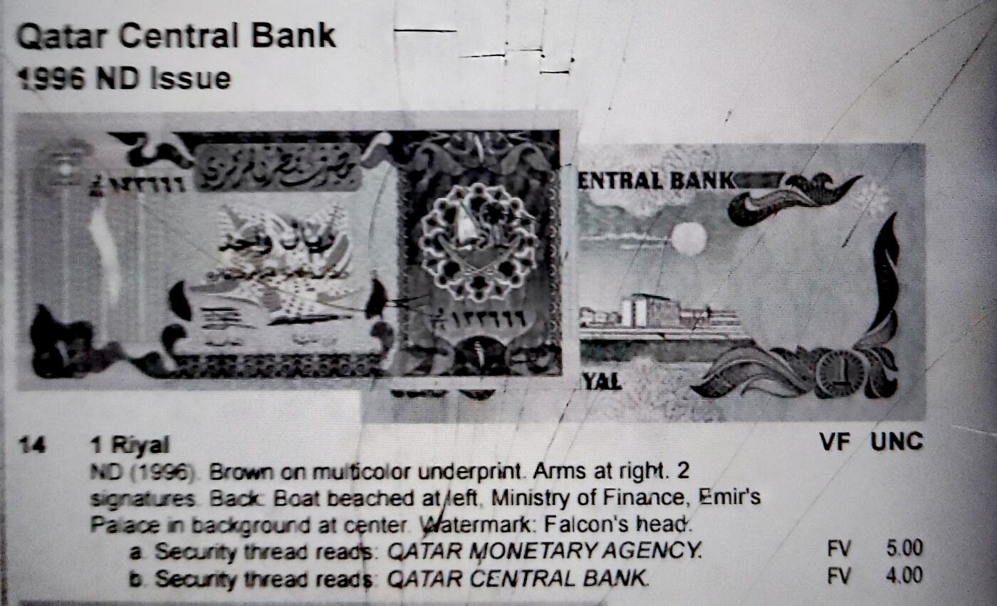 全新卡塔尔1996年1里亚尔靓品纸币