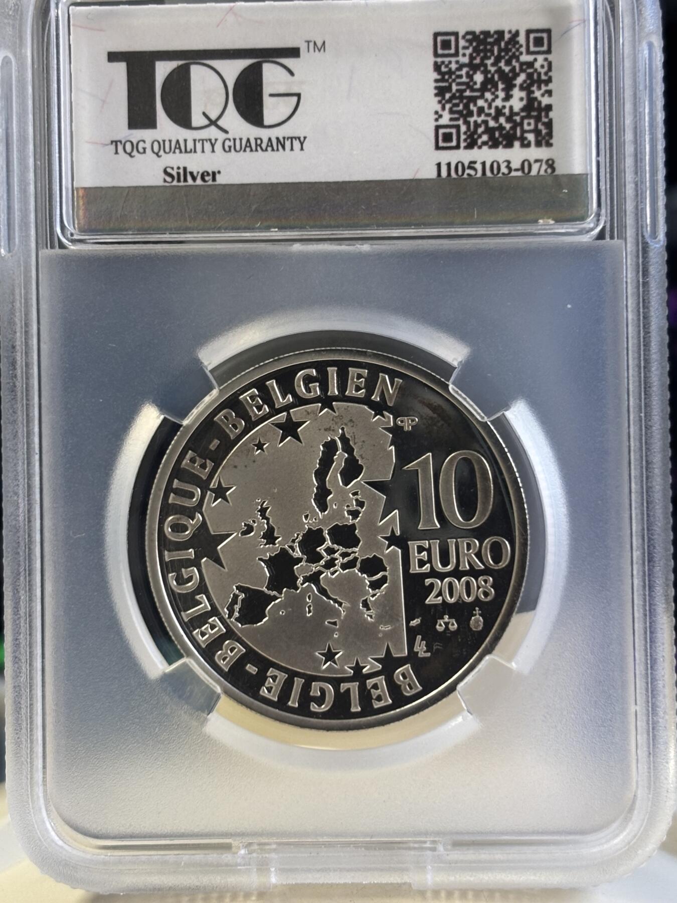 第181期拍卖 比利时2008年欧洲之星系列-莫里斯·梅特林克戏剧《蓝色小镇》上演100周年（蓝鸟）10欧局部彩色精制银币TQG PF66UC  925银 18.75克 发行量：约2万枚 