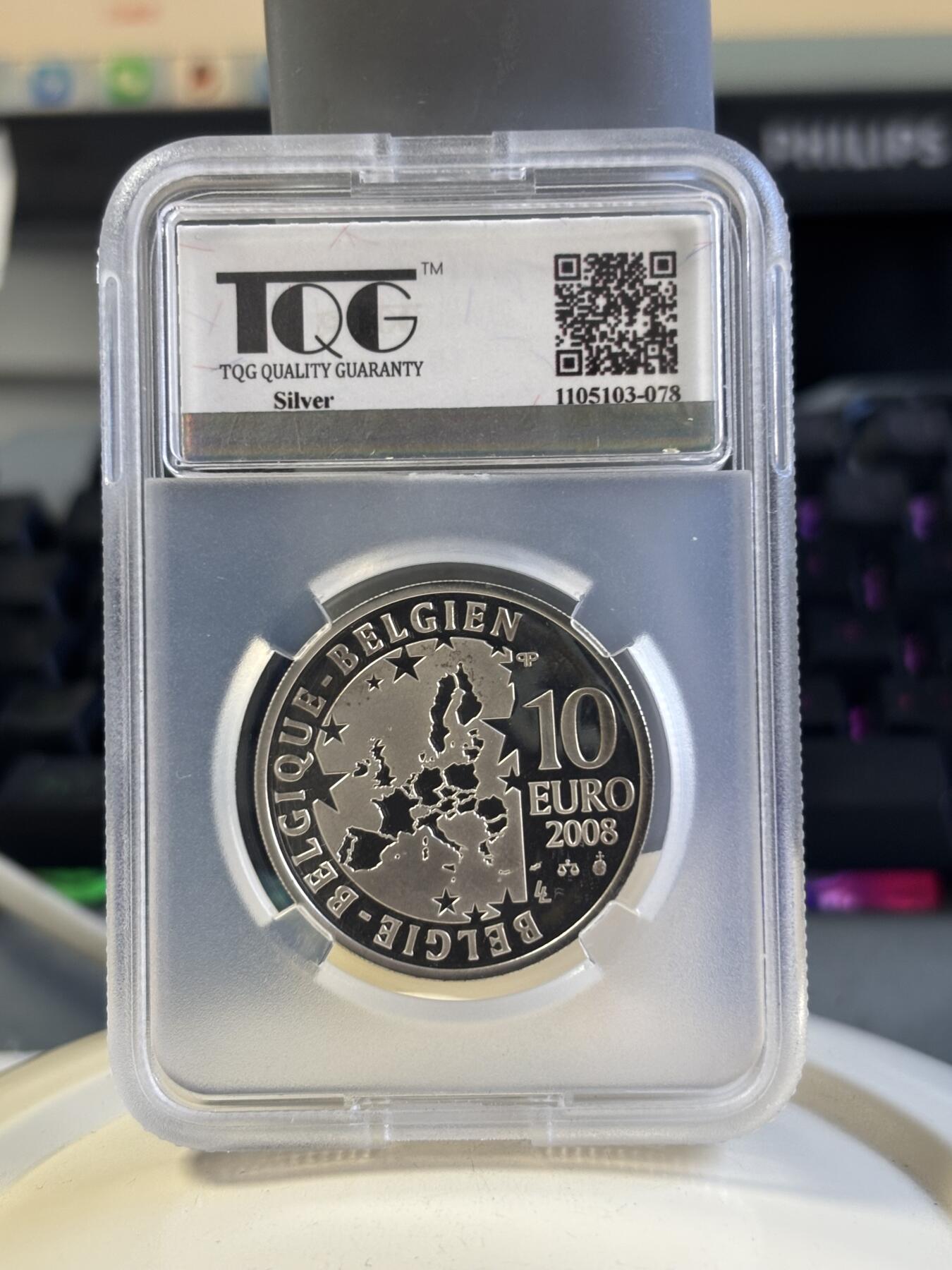 第181期拍卖 比利时2008年欧洲之星系列-莫里斯·梅特林克戏剧《蓝色小镇》上演100周年（蓝鸟）10欧局部彩色精制银币TQG PF66UC  925银 18.75克 发行量：约2万枚 