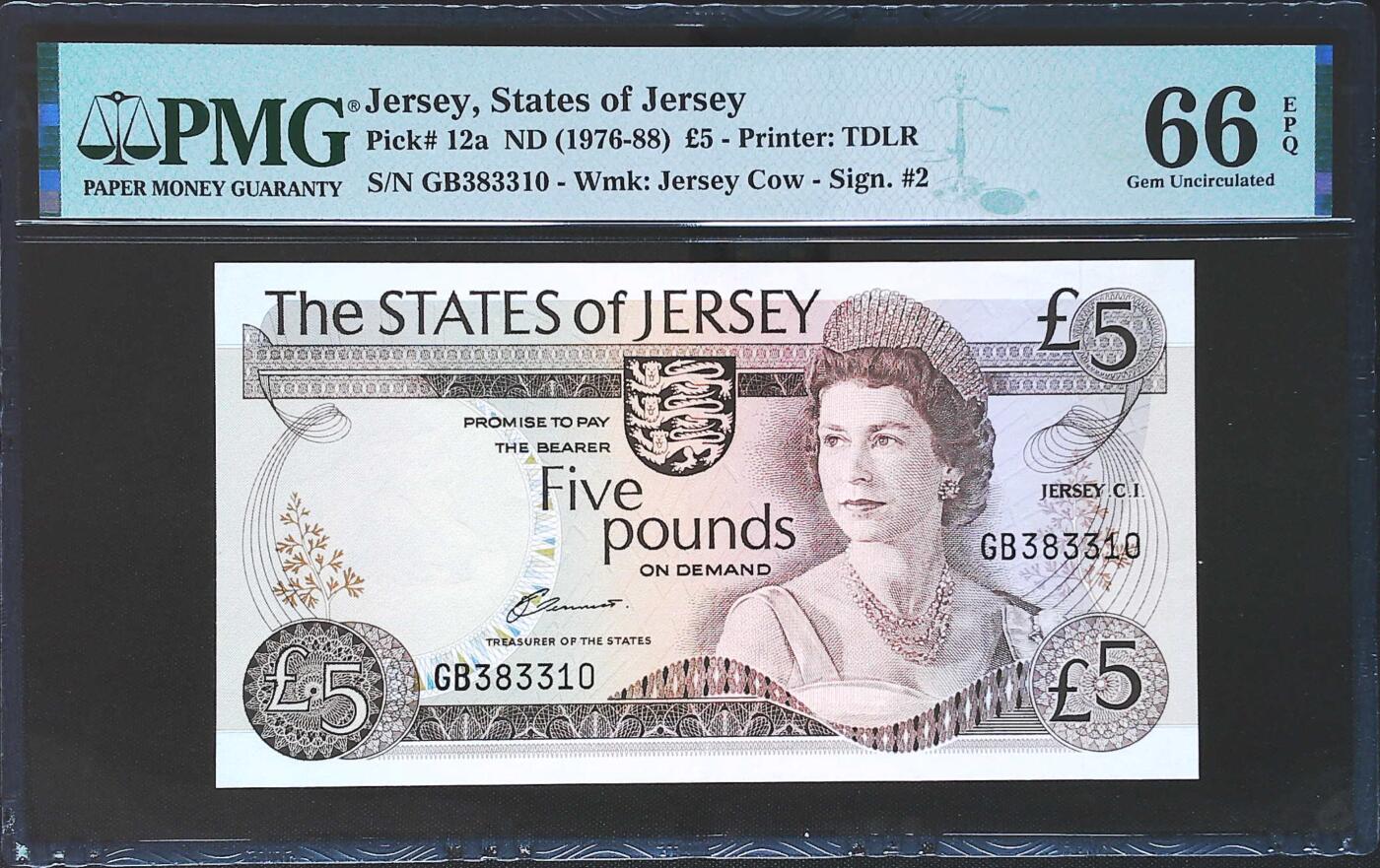 世界靓号纸钞第七十七期 1976-88年泽西岛5镑 全程无47 PMG66 高冠女王