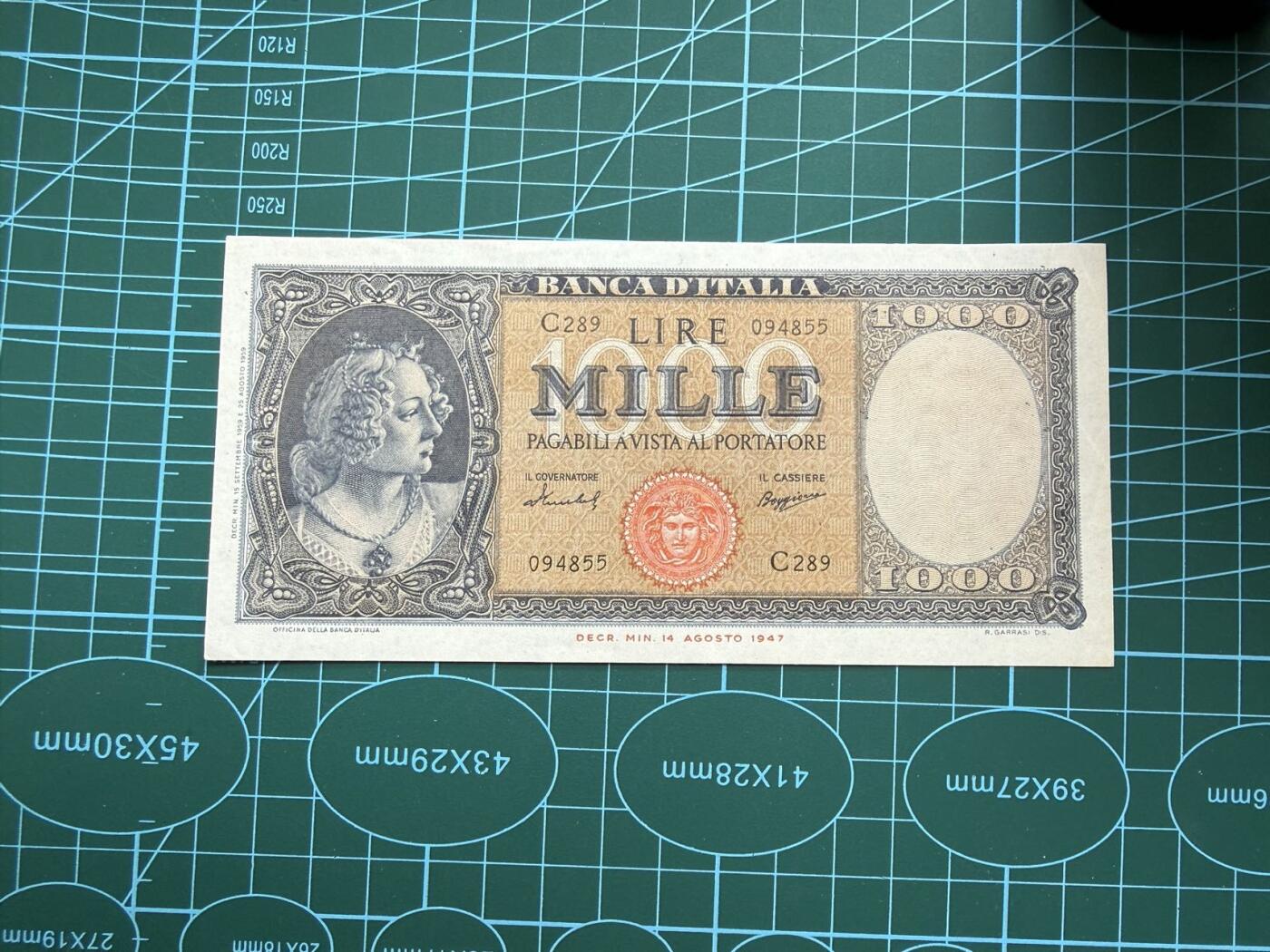 【炜奕收藏】，第五十期 1947年意大利1000里拉，AU品相