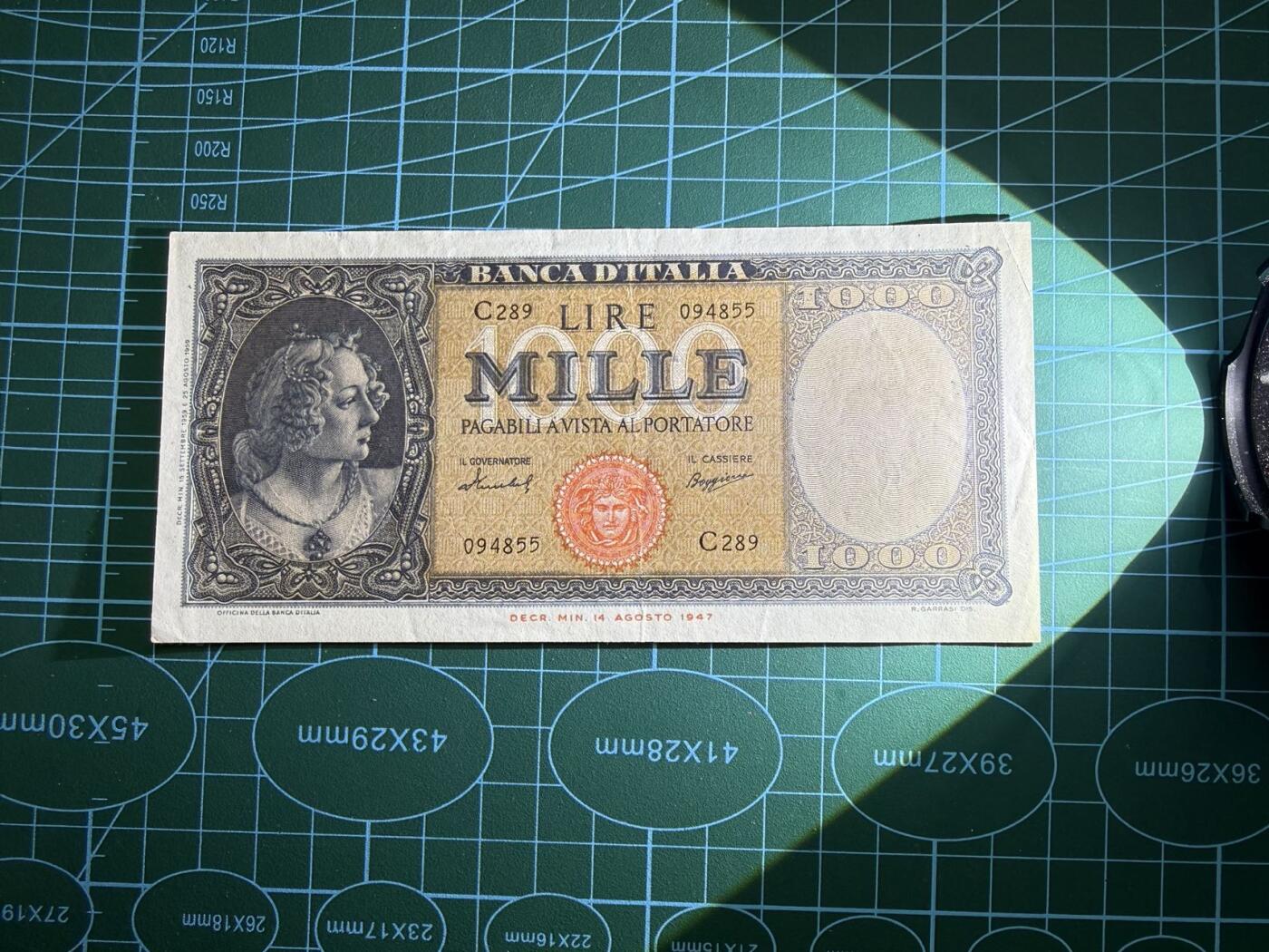 【炜奕收藏】，第五十期 1947年意大利1000里拉，AU品相