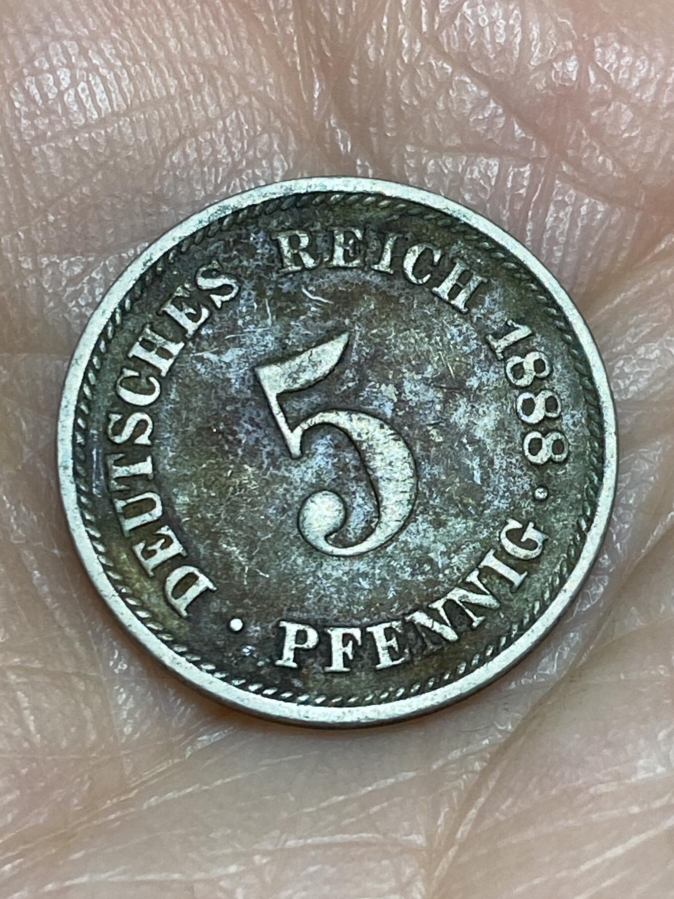 2025年第一百二十五场(总第一百五十一场）外国好品散币(免佣金) 德意志帝国1888年5芬尼(三皇年，A标柏林造)