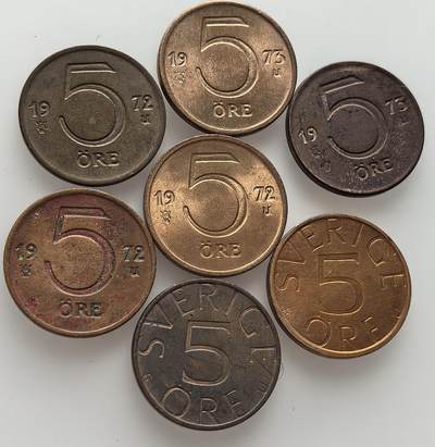  外国优质老铜币银币，周六九点倒数截拍，满百包邮，可寄存半年，喜欢朋友微信扫描二维码可直接参拍 - 瑞典1972年-1982年5欧尔7枚