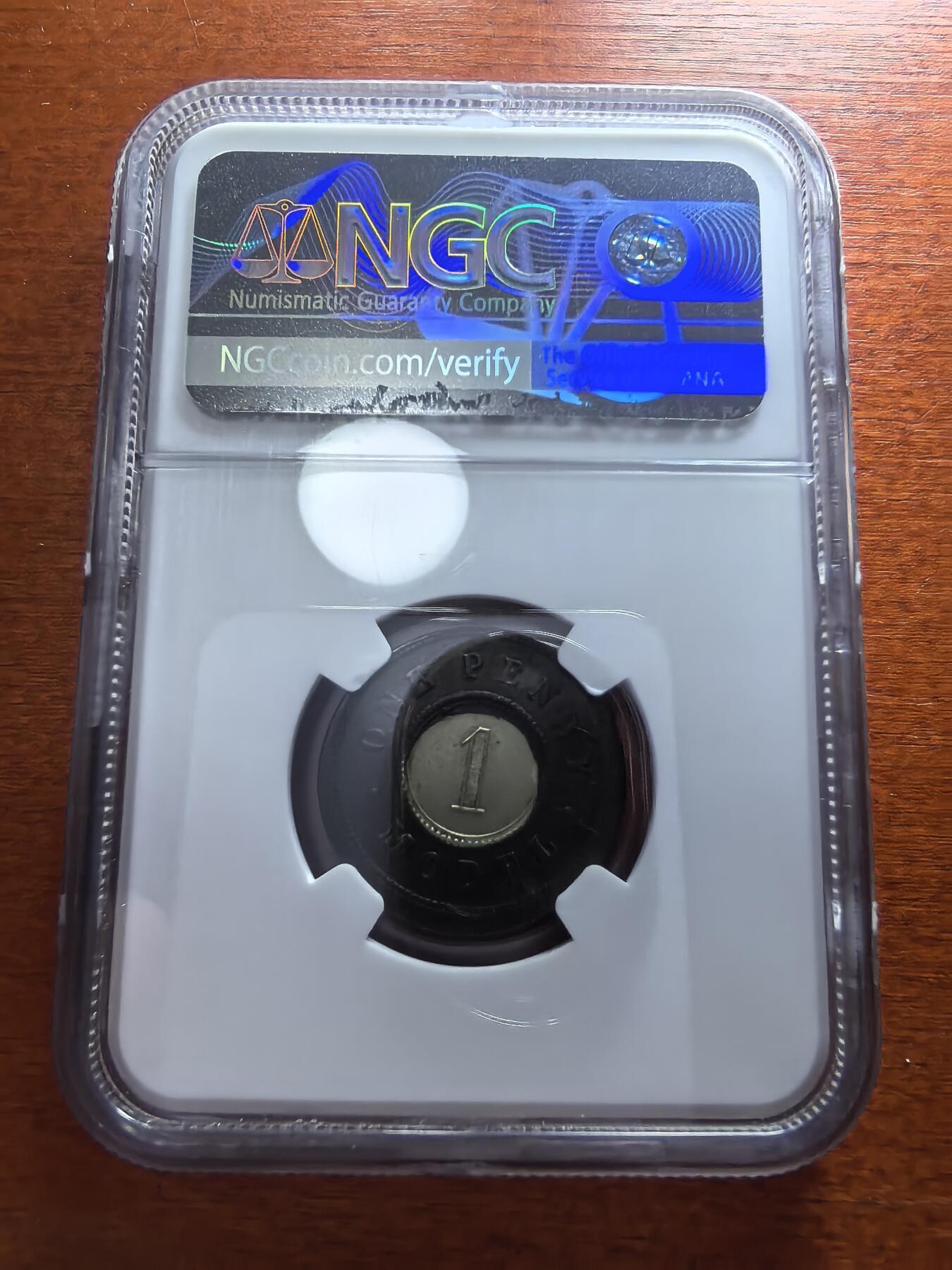 长老汇蛇年精选第七十一场拍卖 样币！ 1844 英国维多利亚1便士双金属样币，NGC MS61分，错版币，打偏5%