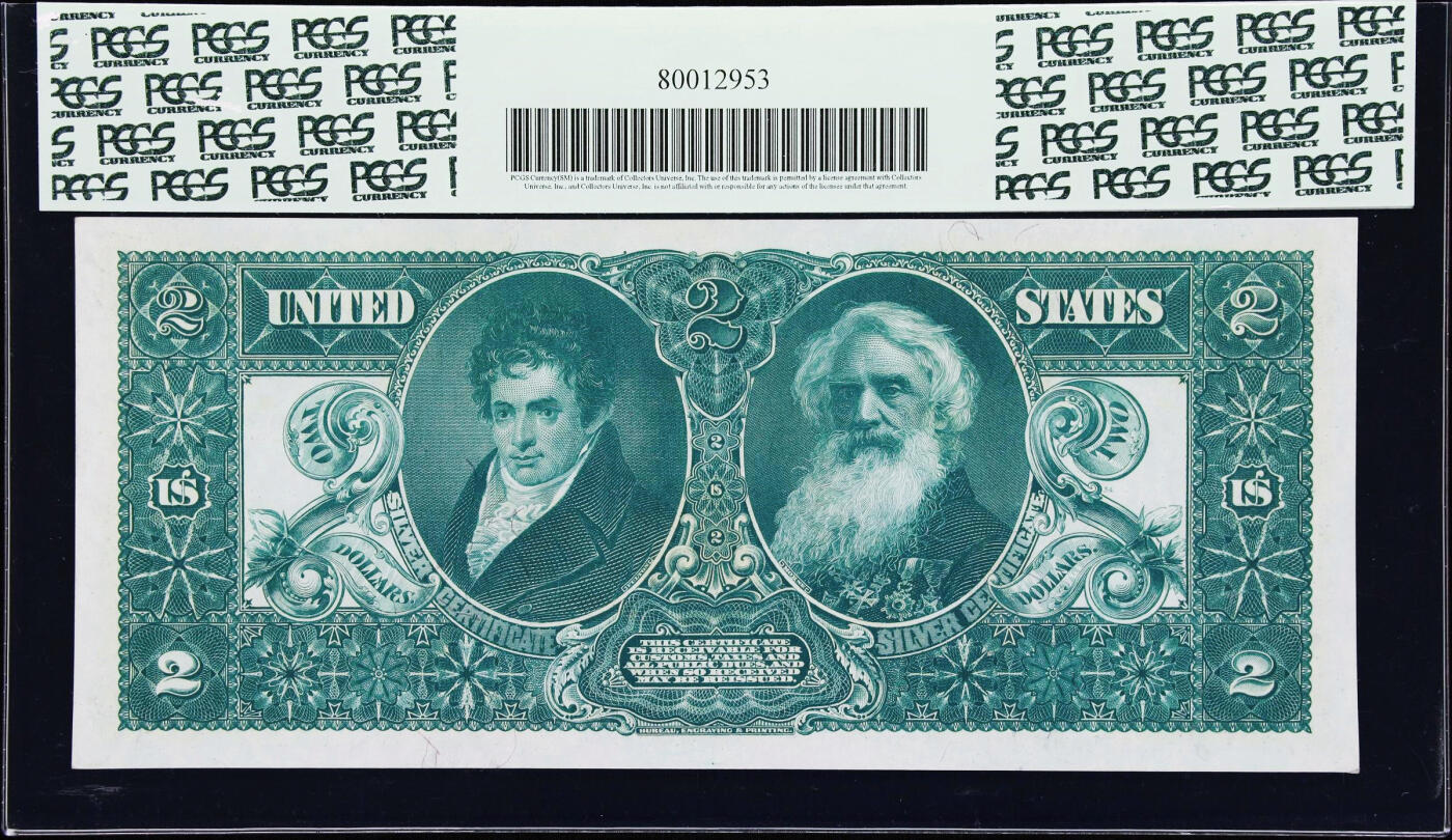 【Blue Auction】世界纸币精拍第748期——18级TOP拍卖/信誉/品质/专业/高效💫   美国 1896年2美元教育券 PCGS66EPQ 高分 大票副 票面白净油墨凹凸感极佳 新古典主义艺术风格 极具艺术价值（画面中女神手持电灯与蒸汽机模型，向青少年传授知识，象征技术进步，背景为齿轮、书籍等元素，呼应19世纪末美国工业革命浪潮；背面人物为第一艘蒸汽机作动力的轮船制造者罗伯特·富尔顿&摩尔斯电码发明者塞缪尔·莫尔斯 大胡子雕刻极致非常耐看）凑套必备