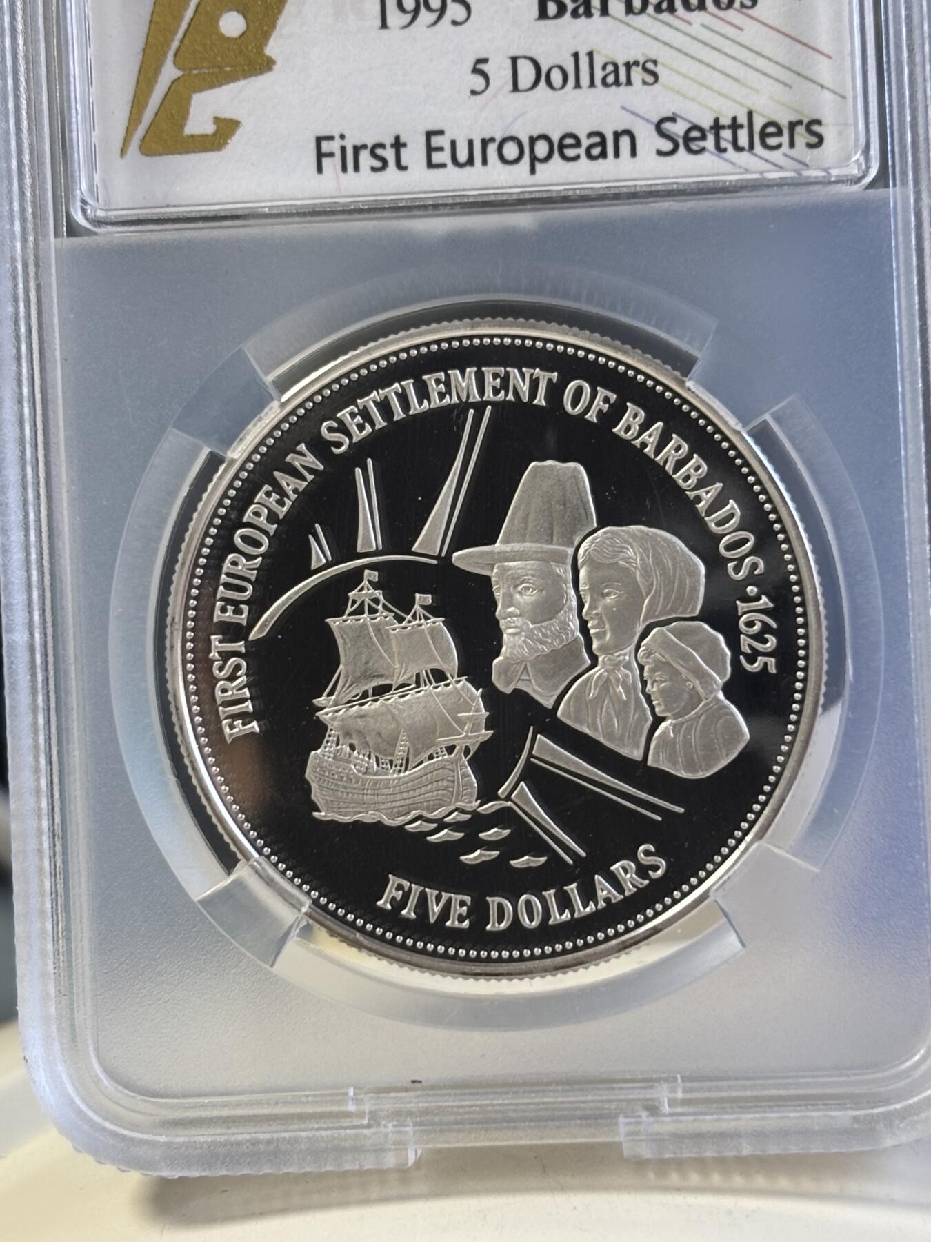 第181期拍卖 巴巴多斯1995年纪念欧洲首次移民美洲370周年银币TQC-PF69，925银，28.33克