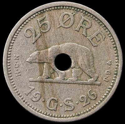 修遠堂世界钱币第九十二期 - 1926年格陵兰中孔25欧尔  1940/41年在纽约打孔，以避免 与1克朗硬币混淆，仅打孔6万枚