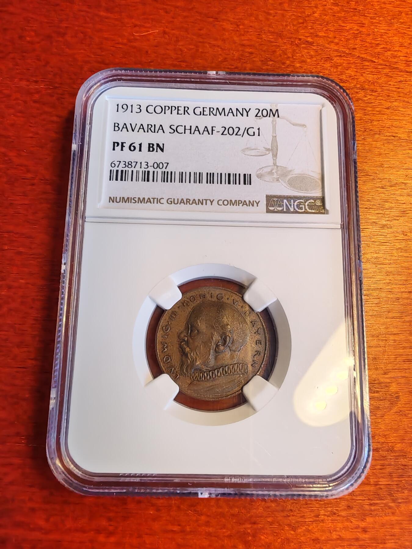 长老汇蛇年精选第七十一场拍卖 样币！1913德国巴伐利亚-莎菲20马克精制铜样币，NGC PF61BN